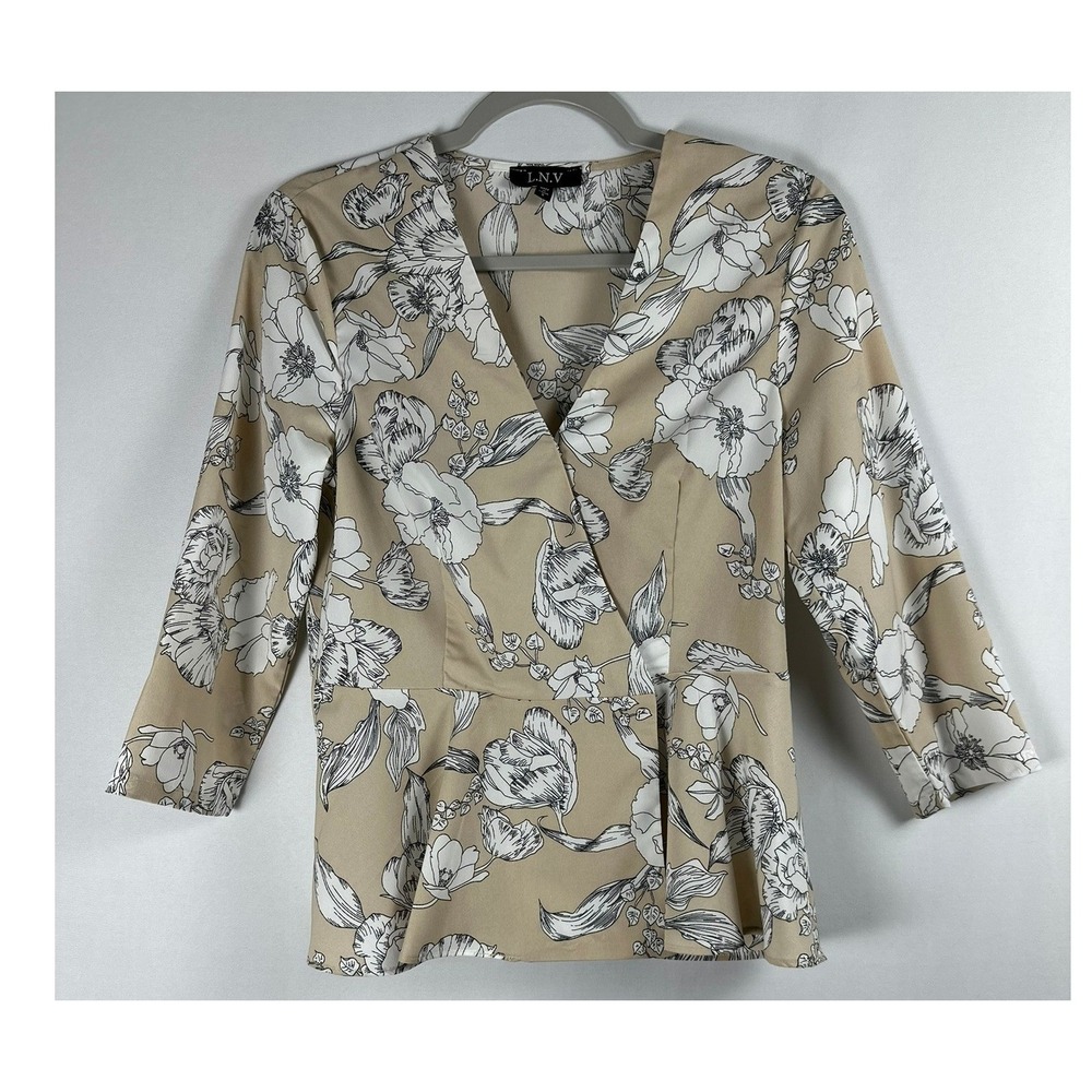 L.N.V Peplum Top Women's S Tan Floral Surplice V-Neck 3/4 Sleeve Romantic Boho